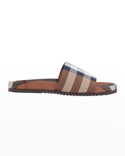 Shop Burberry Men's Melroy Check Slide Sandals In Birch Brown Ip Ch