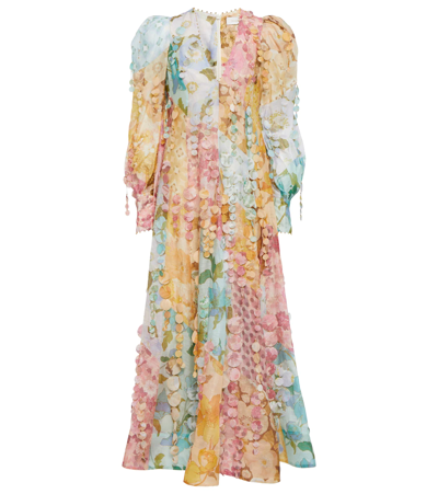 Shop Zimmermann Tempo Patch Linen And Silk Organza Embellished Gown In Mixed Print