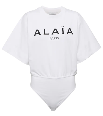 Shop Alaïa Logo Cotton Jersey Bodysuit In White