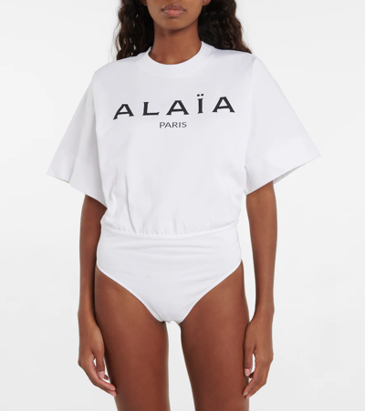 Shop Alaïa Logo Cotton Jersey Bodysuit In White