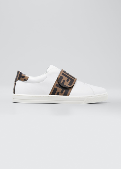 Shop Fendi Boy's  Grip-strap Sneakers In F0c1a White