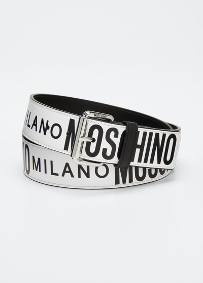 Shop Moschino Men's Two-tone Allover Logo Leather Belt In White Multi