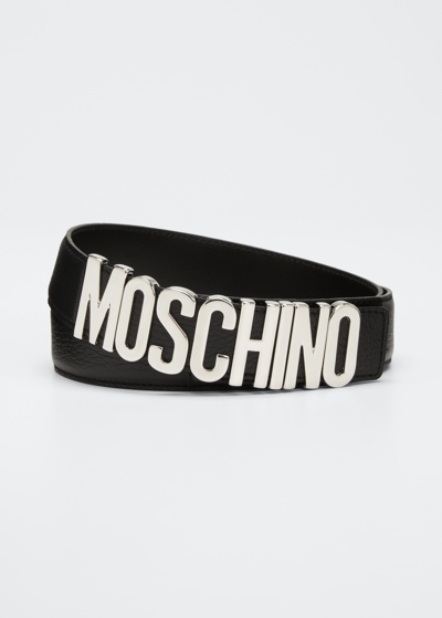 Shop Moschino Men's Leather Logo Buckle Belt In Black Multi