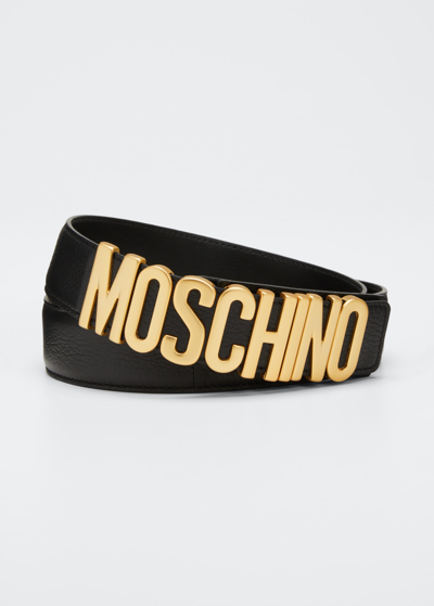 Shop Moschino Men's Leather Logo Belt In Black