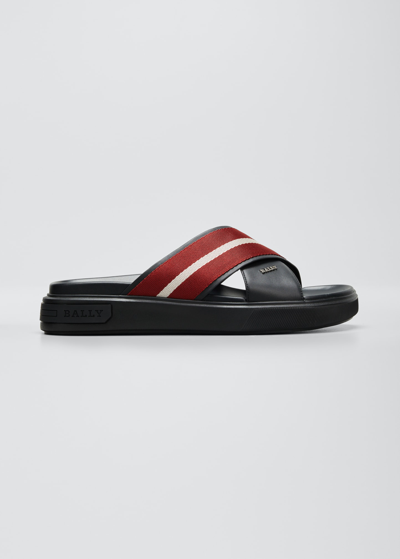 Shop Bally Men's Jaket Nylon Stripe Leather Slide Sandals In Black/red