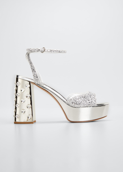 Shop Miu Miu Metallic Glitter Ankle-strap Platform Sandals In Argento