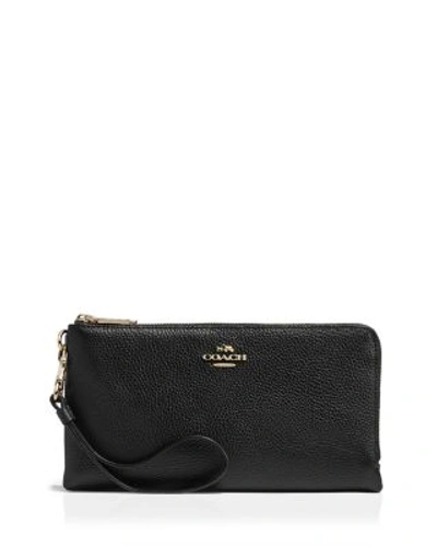 Coach Double Zip Wallet In Polished Pebble Leather In Gold/black