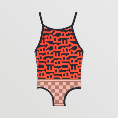 Burberry Kids Girl s Sandie Logo One piece Swimsuit In Vermillion Red Ip ModeSens