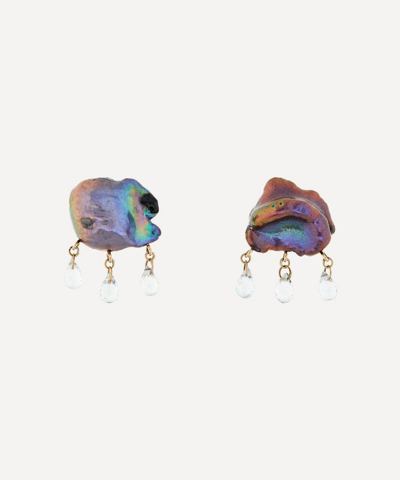 Rachel Quinn 14ct Gold Rainy Day Peacock Pearl And White Topaz Cloud Stud Earrings In Gold