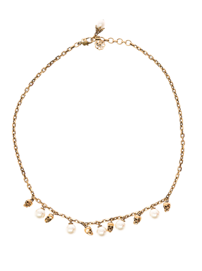 Shop Alexander Mcqueen Womans Golden Brass Chain Necklace With Skull And Pearls In Metallic