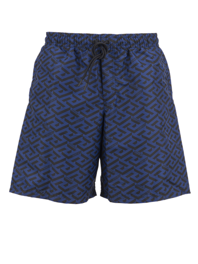 Shop Versace Drawstring Swim Shorts In Blue/black