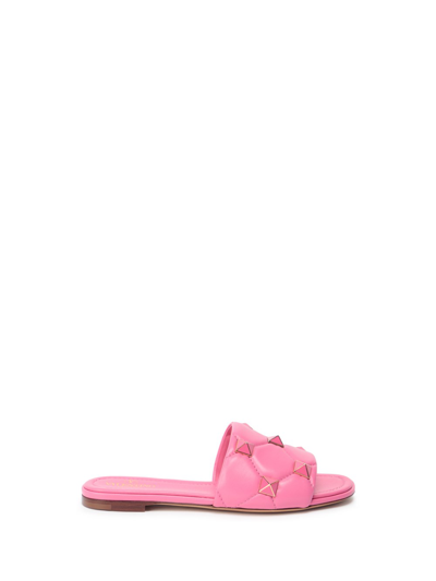 Shop Valentino Roman Stud` Flat Slide Sandals In Rosa