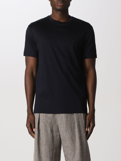 Shop Giorgio Armani T-shirt With Embroidered Logo In Blue