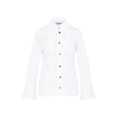 Shop Ganni Ruched Cotton Shirt In White