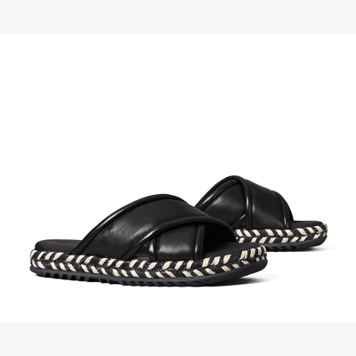 Shop Tory Burch Crisscross Espadrille Slide In Perfect Black / Multi