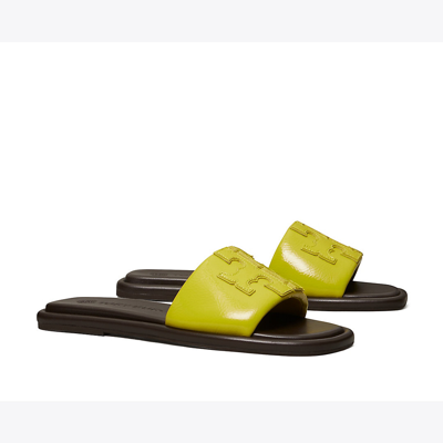 Tory Burch Double T Logo Flat Slide Sandals In Lime/ Lime/ Lime/ John Coco
