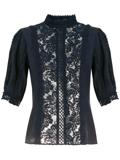 Shop Martha Medeiros Eduarda Silk Lace-panelled Blouse In Blau