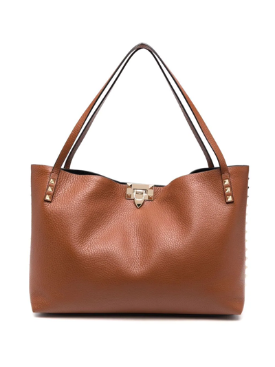 Valentino Rockstud Tote Leather Bag Camel Brown