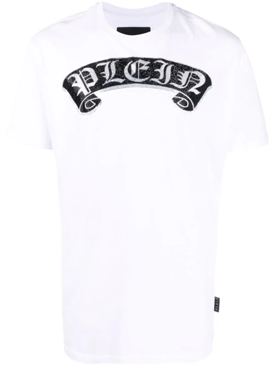 Shop Philipp Plein Rhinestone-embellished Branded T-shirt In Weiss