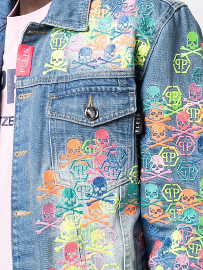 Shop Philipp Plein Embroidered-skull Logo Denim Jacket In Blau