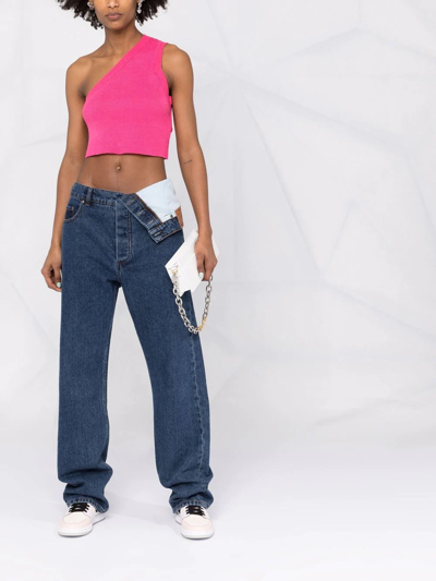 Shop Jacquemus Asymmetric Fine-ribbed Cropped Top In Rosa