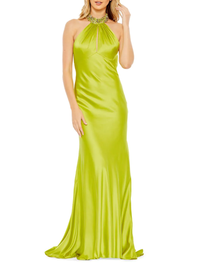 Shop Mac Duggal Women's Satin Halter Sheath Gown In Lime