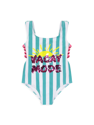 Shop Andy & Evan Little Girl's Striped "vacay Mode" One-piece Swimsuit In Green White