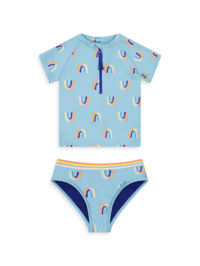 Shop Andy & Evan Little Girl's Rashguard T-shirt & Bikini Bottoms Swimsuit Set In Blue Multi