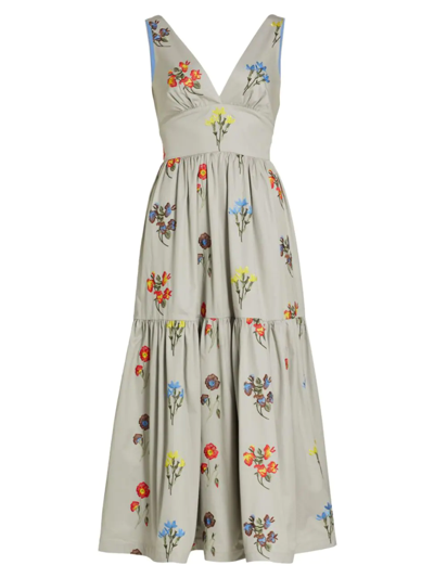 Shop Silvia Tcherassi Women's Dorotea Tiered Floral-embroidered Midi-dress In Grey Embroidered Multi Floral