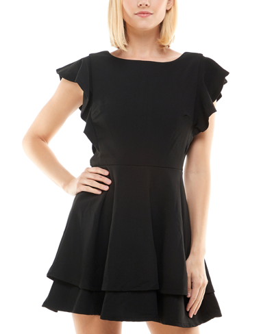 Shop Crystal Doll Juniors' Ruffle-sleeve Fit & Flare Dress In Black