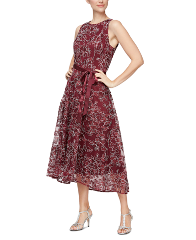 Shop Alex & Eve Embroidered High-low Midi Dress In Wine