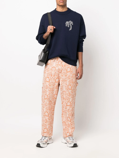 Palm Angels Embroidered Palm Sweater Black White In Blue