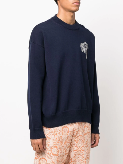 Palm Angels Embroidered Palm Sweater Black White In Blue