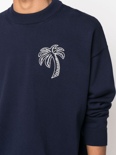 Palm Angels Embroidered Palm Sweater Black White In Blue