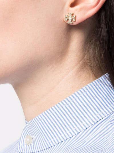 Shop Tory Burch Crystal-embellished Logo Stud Earrings In Gold