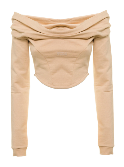 Shop Gcds Woman's Beige Cotton Top With Drop Shoulders And Logo
