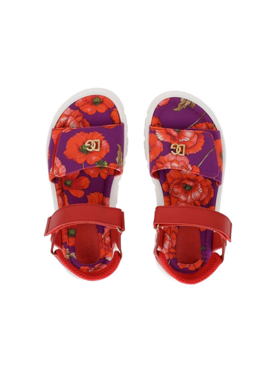 Shop Dolce & Gabbana Floral-print Touch-strap Sandals In Red