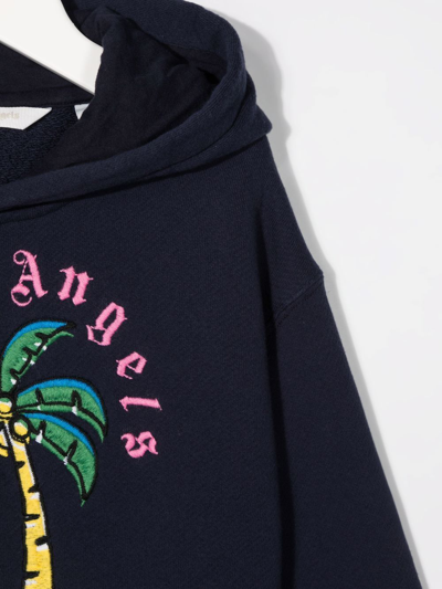 Shop Palm Angels Palm-tree Embroidered Cotton Hoodie In Blue