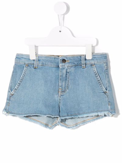 Shop Palm Angels Embroidered Palm-tree Raw-hem Shorts In Blue