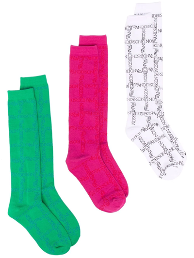 Shop Jw Anderson Logo-embroidered Three-pack Socks In Green