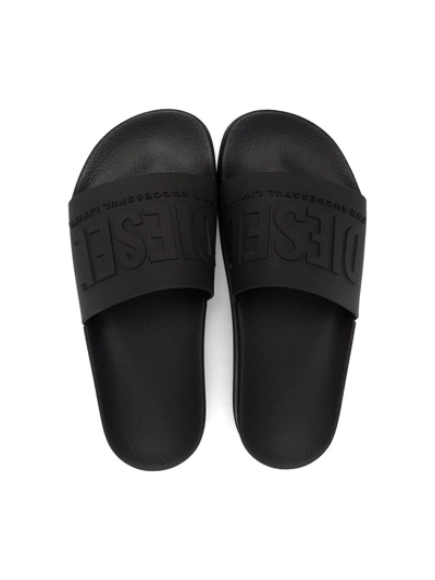 Shop Diesel Teen Logo-embossed Slides In Black