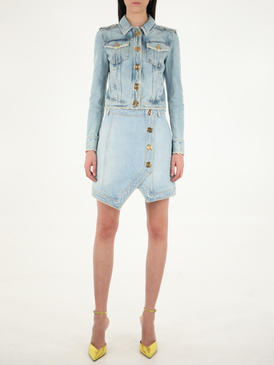 Shop Balmain Denim Miniskirt In Light Blue