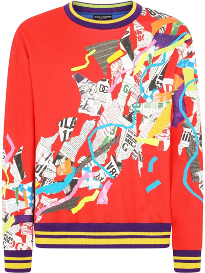 Dolce & Gabbana Sweatshirt With Newspaper Patchwork Print In Red