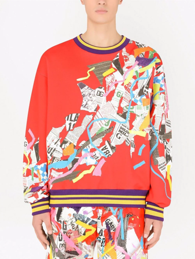 Dolce & Gabbana Sweatshirt With Newspaper Patchwork Print In Red