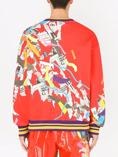 Dolce & Gabbana Sweatshirt With Newspaper Patchwork Print In Red