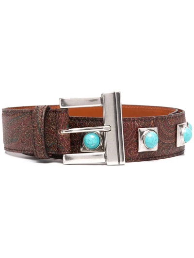 Shop Etro Stone-embellished Paisley-print Belt In Braun