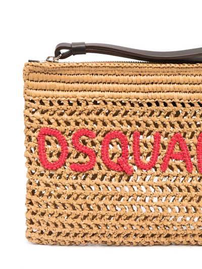 Shop Dsquared2 Logo-embroidered Raffia Clutch In Nude