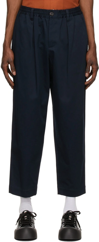 Shop Marni Navy Cropped Gabardine Trousers In 00b99 Blublack