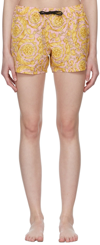 Shop Versace Pink Barocco Swim Shorts In 5p220 Candy+gold