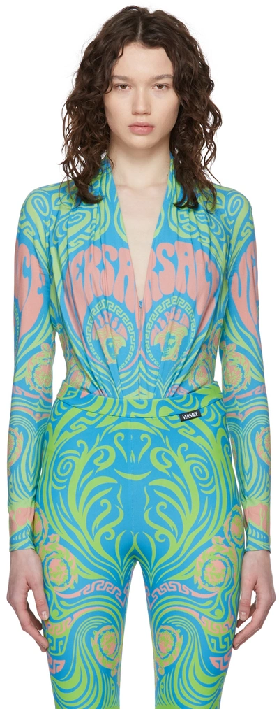 Shop Versace Blue Medusa Music Bodysuit In 5g130 Neon Green+sky